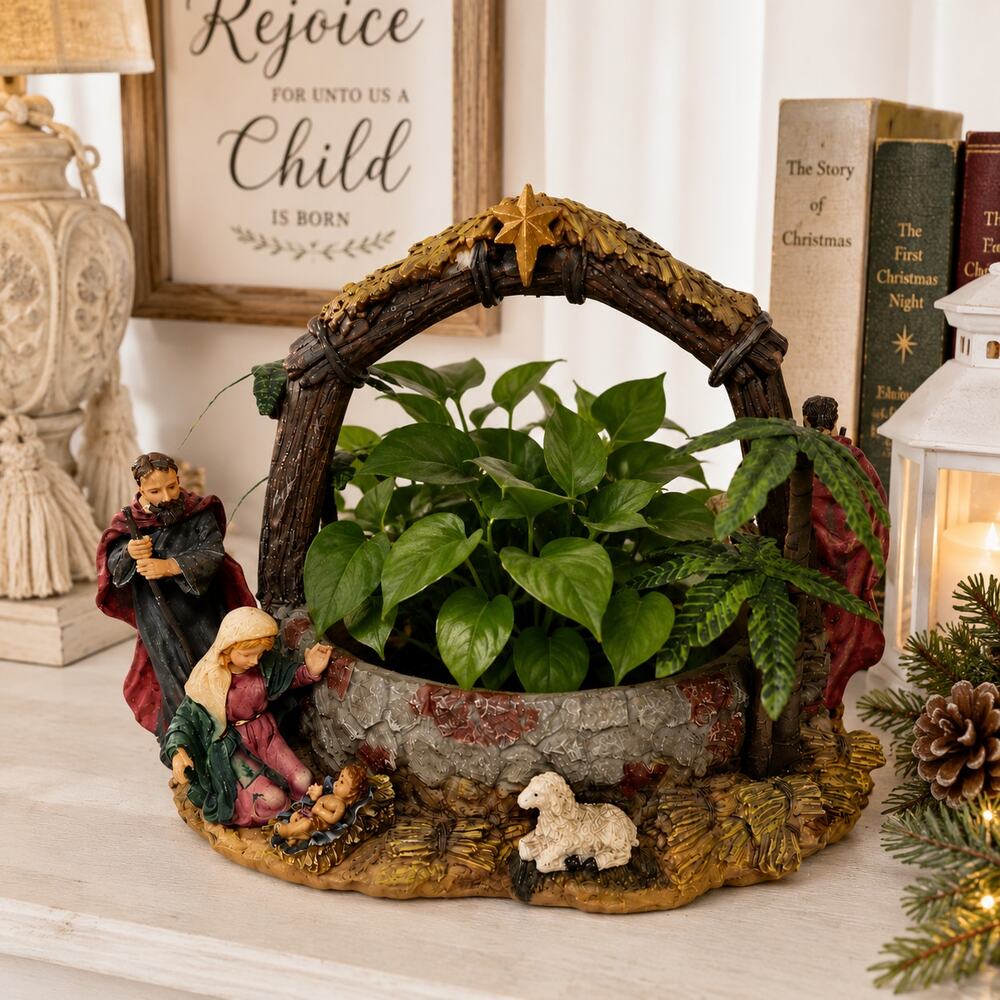 ⛪👼🏼Vintage Nativity Resin Planter Holy Family Christmas Decor Basket Bethlehem